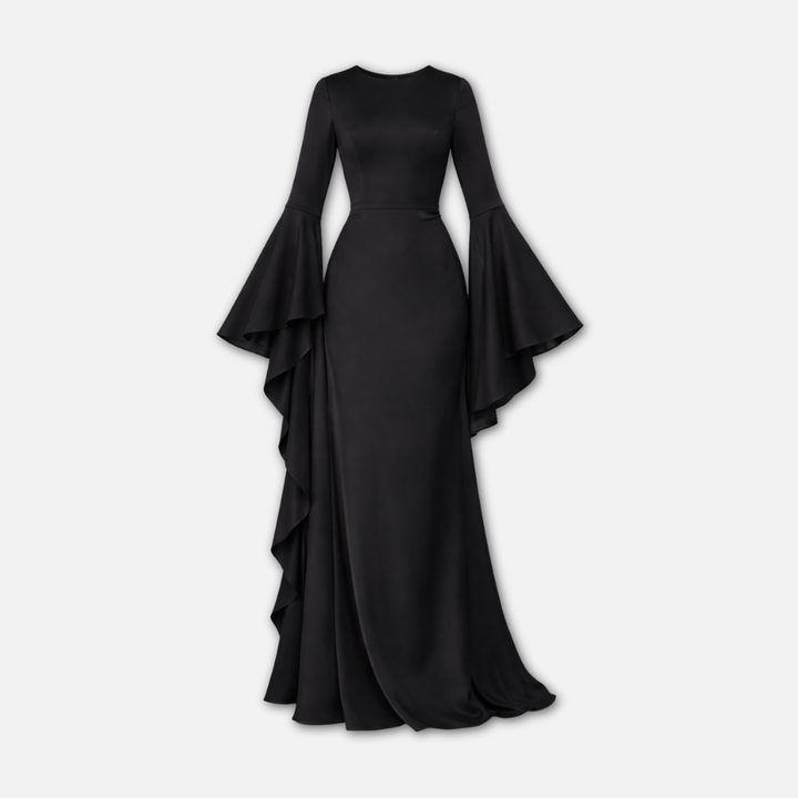 Women's Long Sleeve Draped Maxi Dress with Flared Hem