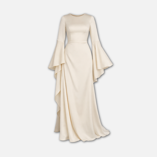 Frauen Langärmliges Drapiertes Maxi-Kleid mit Ausgestelltem Saum