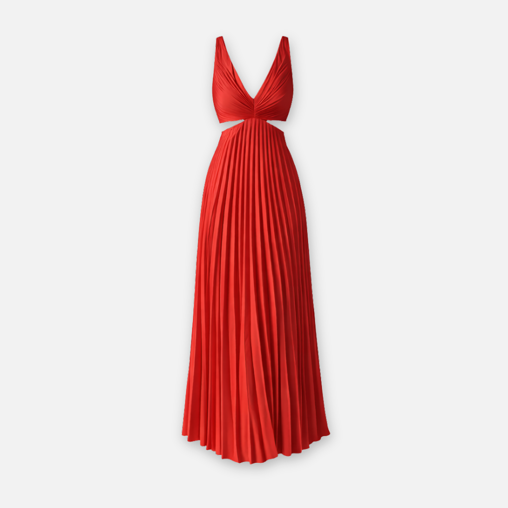 Frauen Plissiertes Midi-Kleid mit V-Ausschnitt und Cut-Out-Detail