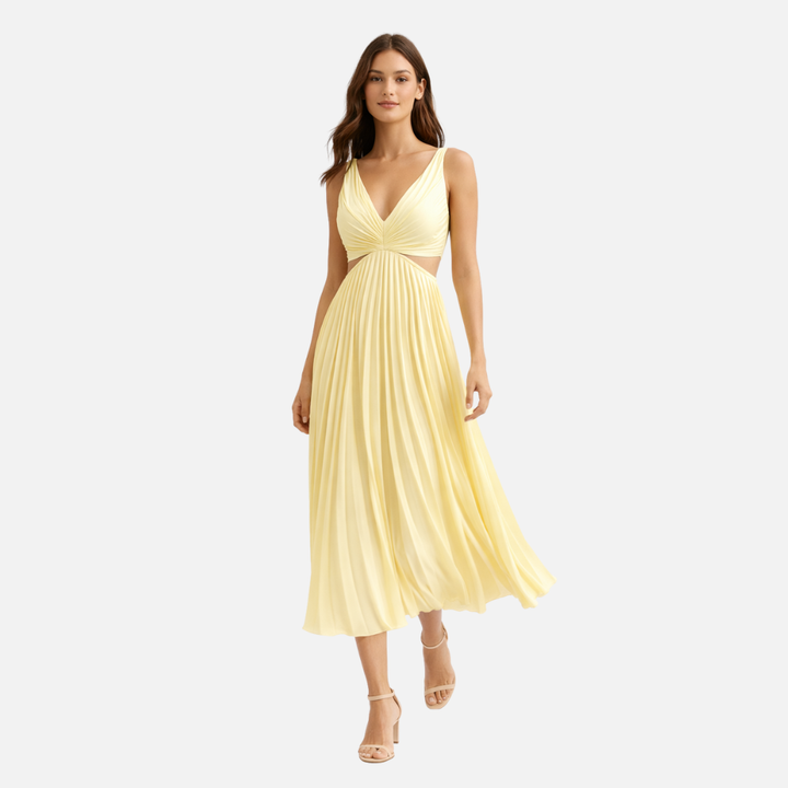 Frauen Plissiertes Midi-Kleid mit V-Ausschnitt und Cut-Out-Detail
