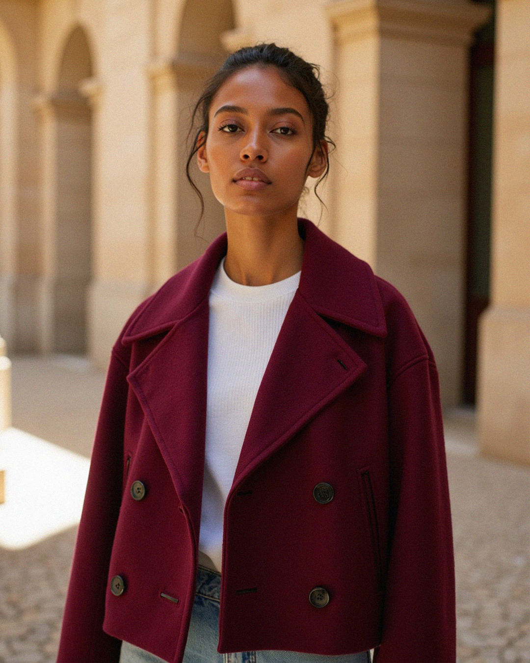 Frauen strukturierte Kurzjacke mit doppelt geknöpftem Vorderteil