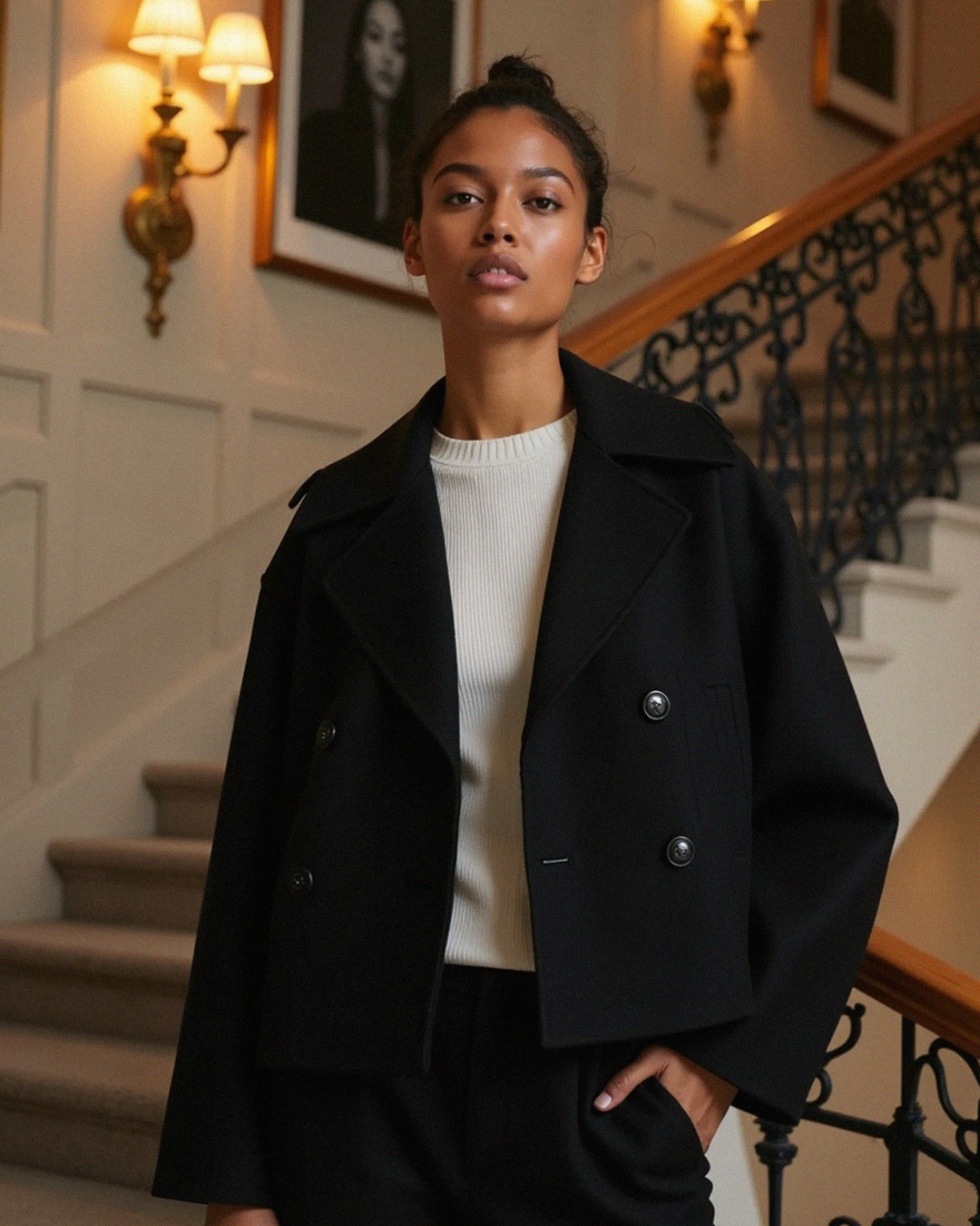 Frauen strukturierte Kurzjacke mit doppelt geknöpftem Vorderteil