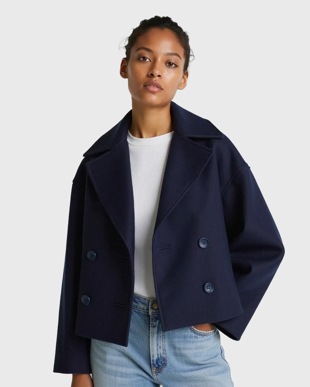 Frauen strukturierte Kurzjacke mit doppelt geknöpftem Vorderteil