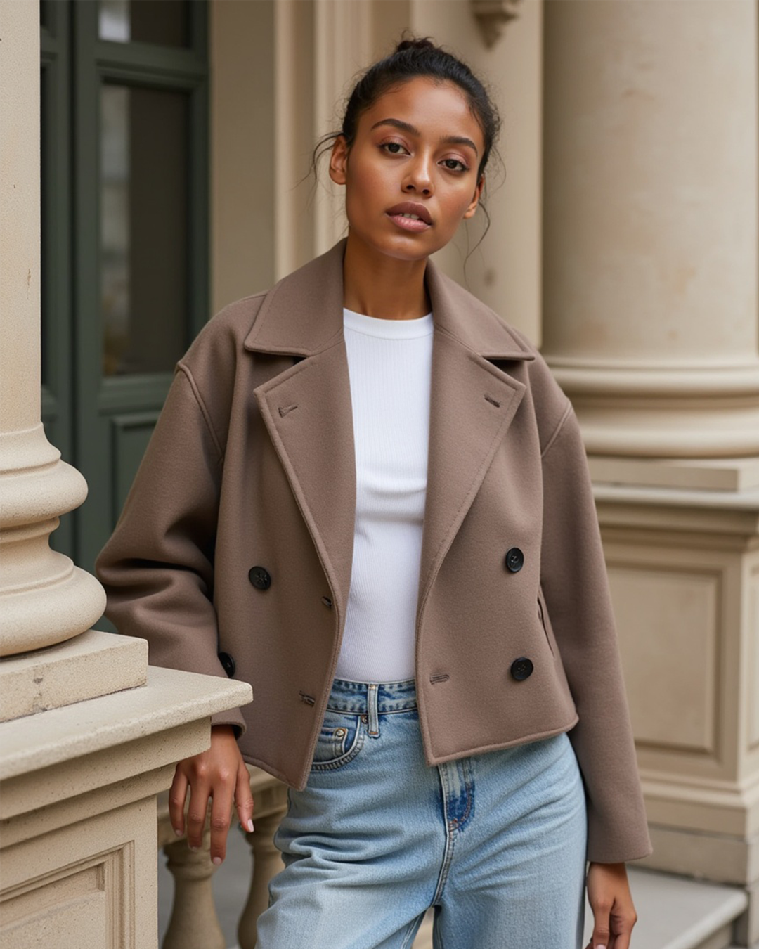 Frauen strukturierte Kurzjacke mit doppelt geknöpftem Vorderteil