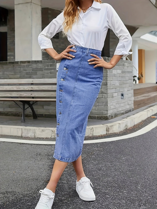 Geknöpfter Denim-Rock für Damen | Midi