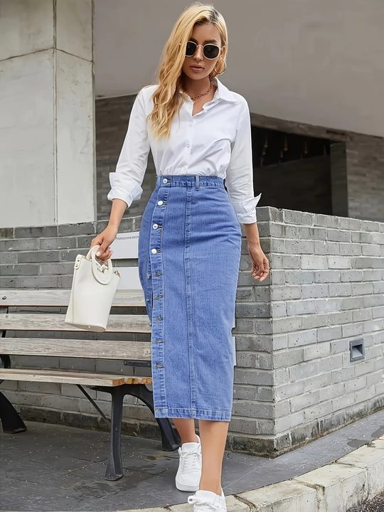 Geknöpfter Denim-Rock für Damen | Midi