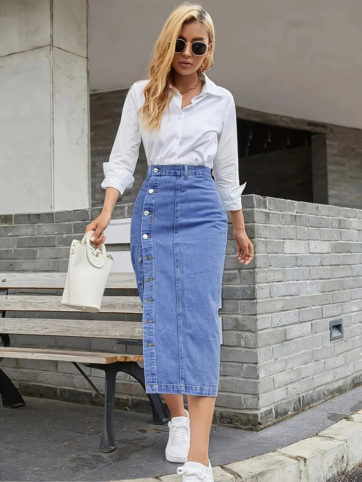 Geknöpfter Denim-Rock für Damen | Midi