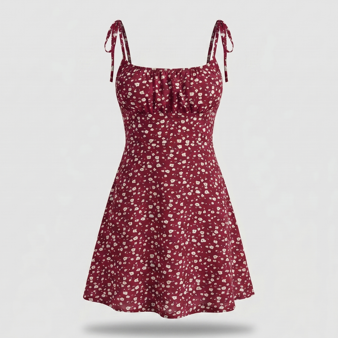 Gesmoktes gebluemtes Minikleid mit Bindetraegern fuer Damen 1