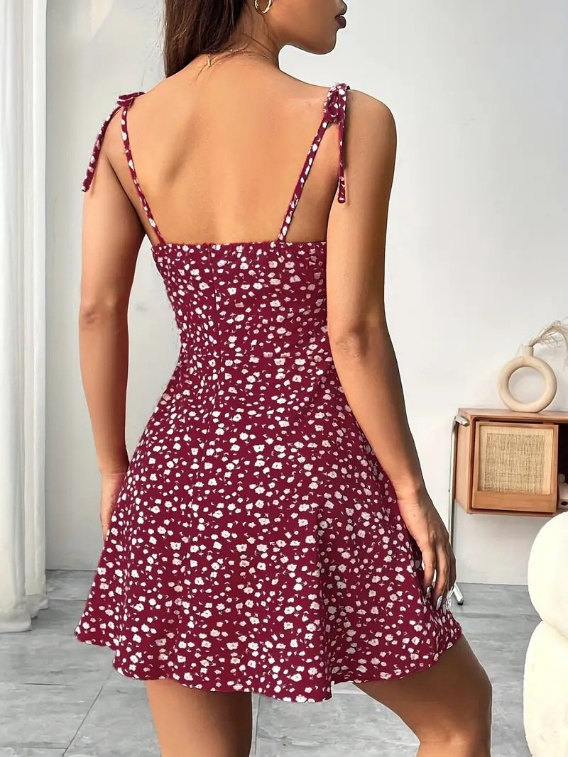 Gesmoktes gebluemtes Minikleid mit Bindetraegern fuer Damen 10