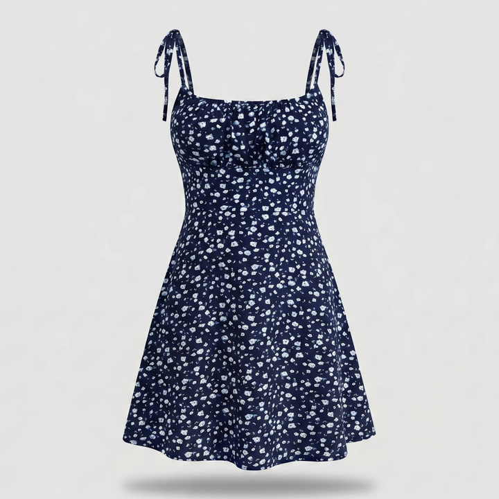 Gesmoktes gebluemtes Minikleid mit Bindetraegern fuer Damen 12