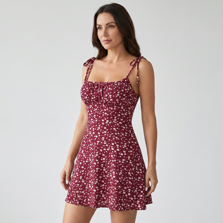 Gesmoktes gebluemtes Minikleid mit Bindetraegern fuer Damen 4