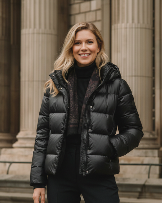 Gekürzte Winter-Pufferjacke mit Kapuze – Glänzende Steppjacke für Damen