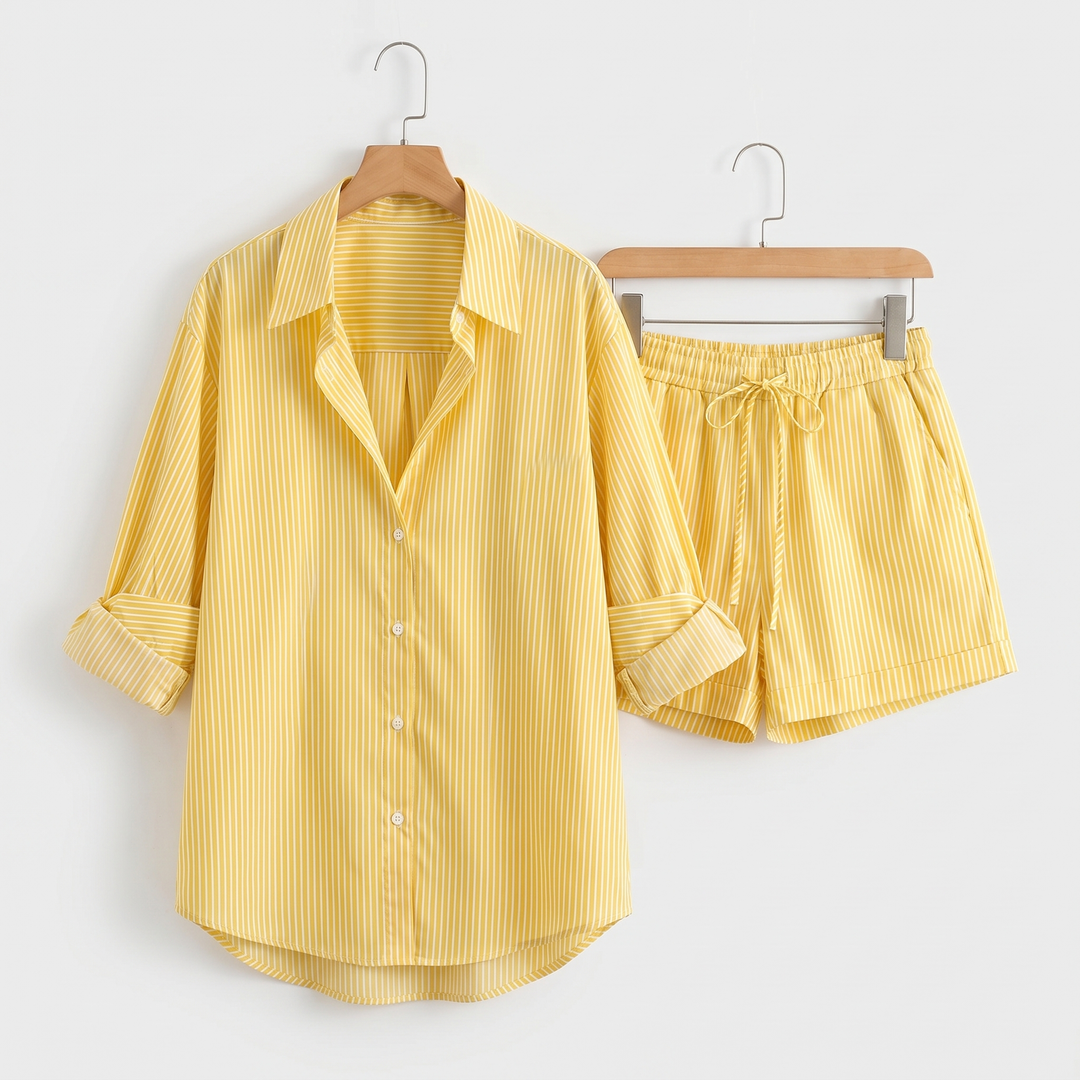 Gestreiftes Baumwoll Shirt Tunnelzug Shorts Set fuer Damen 4