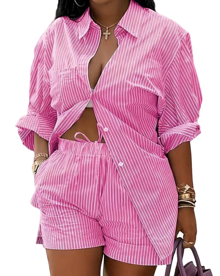 Gestreiftes Baumwoll Shirt Tunnelzug Shorts Set fuer Damen 6