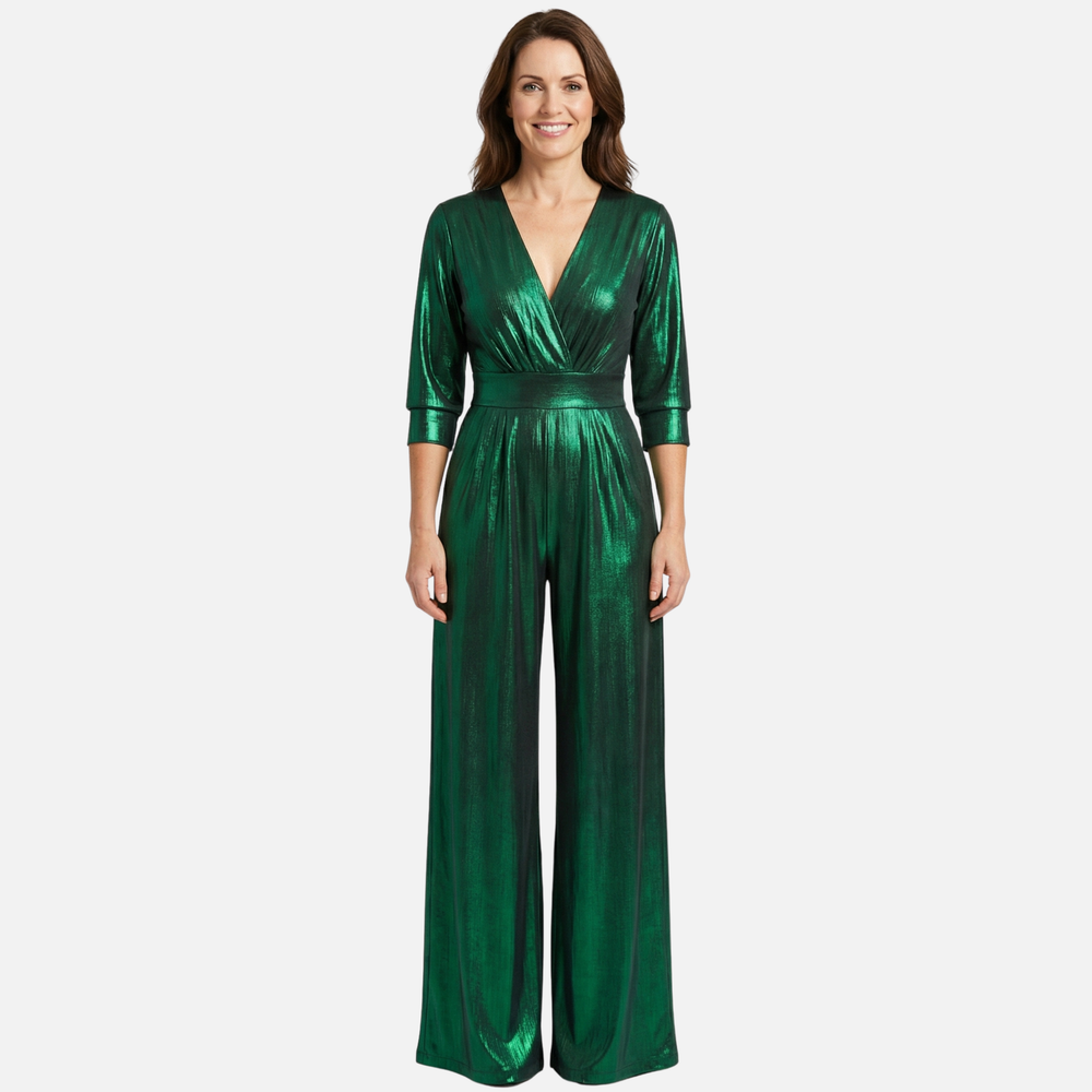 Glänzender Jumpsuit – Weites Bein mit V-Ausschnitt für Damen