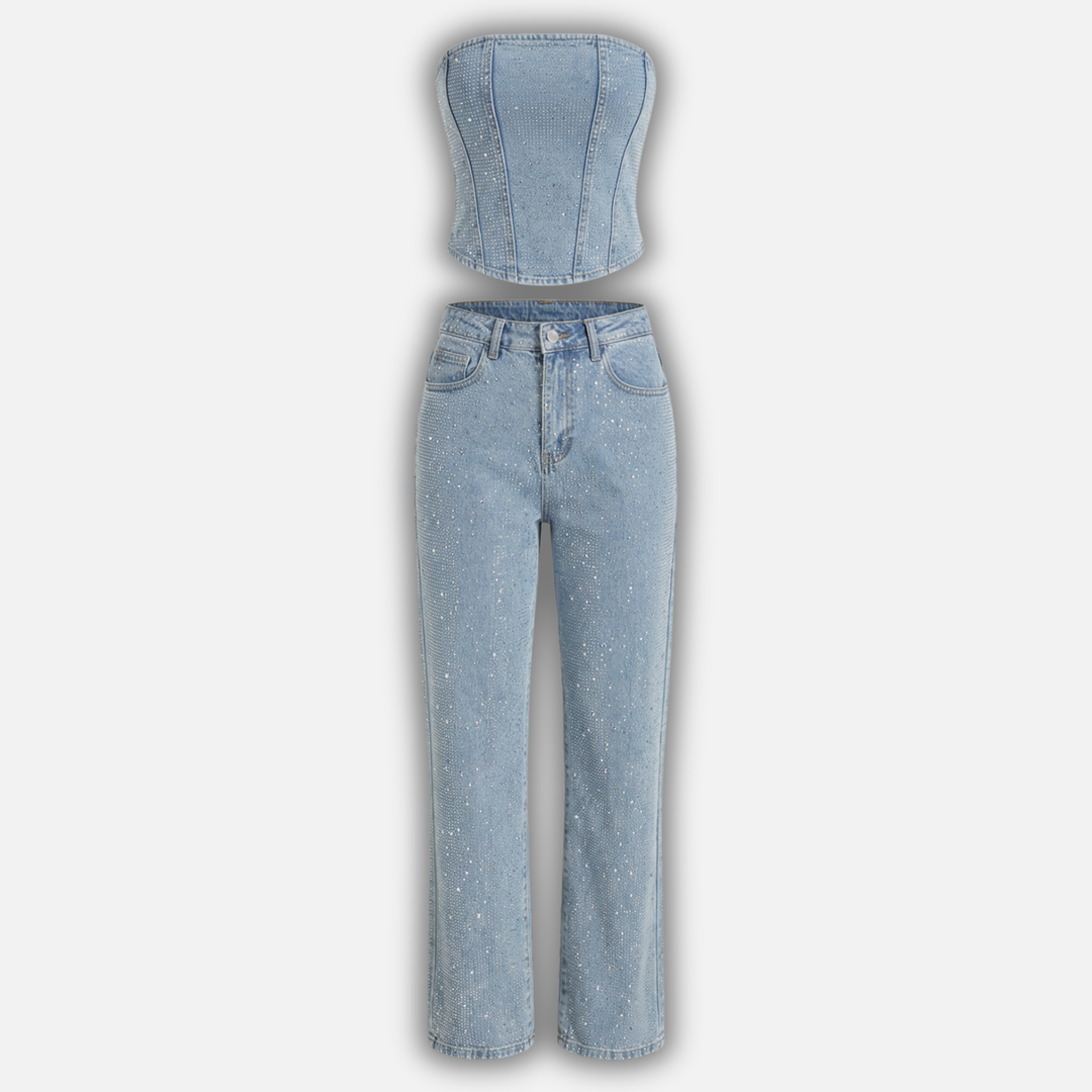 Glitzerndes Hosen Set mit hochtaillierten Jeans für Damen