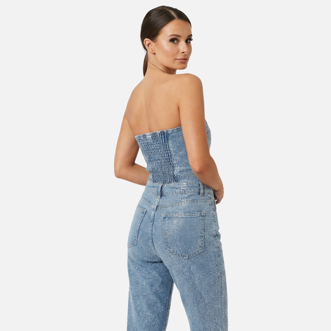 Glitzerndes Hosen Set mit hochtaillierten Jeans für Damen
