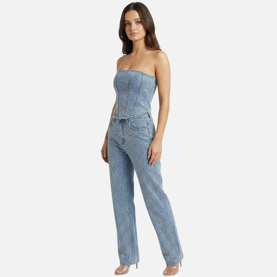 Glitzerndes Hosen Set mit hochtaillierten Jeans für Damen
