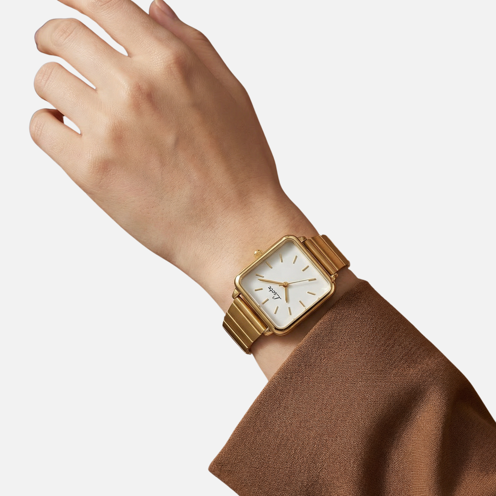 Goldene Edelstahlarmbanduhr mit quadratischem poliertem Zifferblatt für Damen