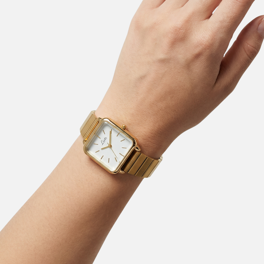 Goldene Edelstahlarmbanduhr mit quadratischem poliertem Zifferblatt für Damen