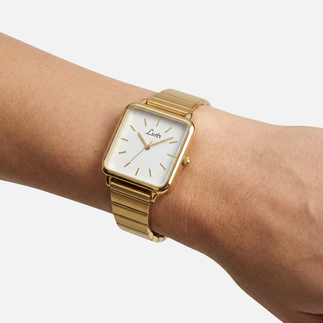Goldene Edelstahlarmbanduhr mit quadratischem poliertem Zifferblatt für Damen