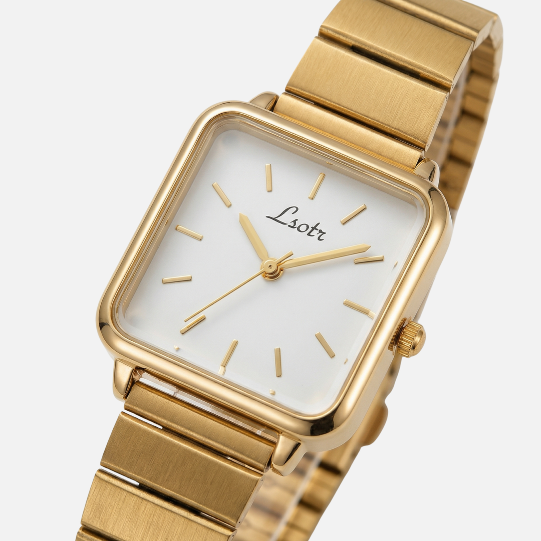 Goldene Edelstahlarmbanduhr mit quadratischem poliertem Zifferblatt für Damen