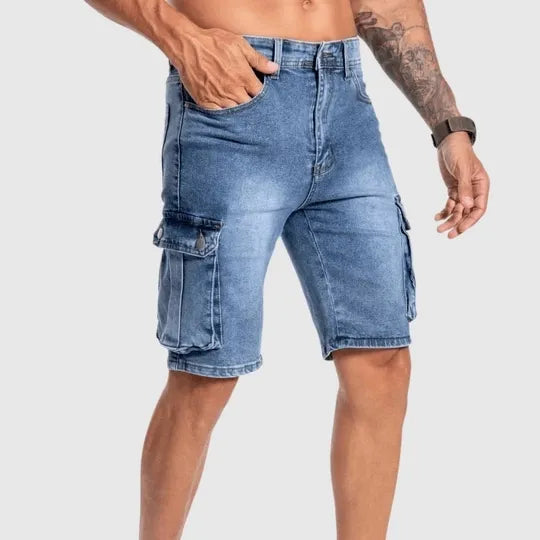 Męskie krótkie spodnie cargo z denimu | letnia odzież