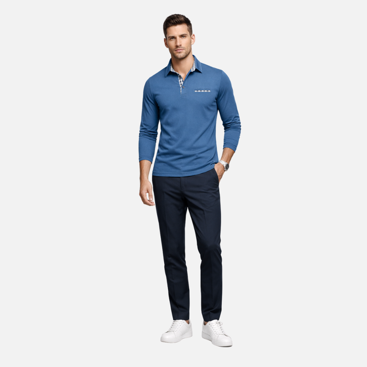 Men's Long Sleeve Polo Shirt with Checked Collar