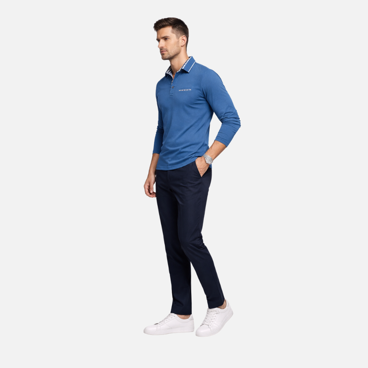 Men's Long Sleeve Polo Shirt with Checked Collar