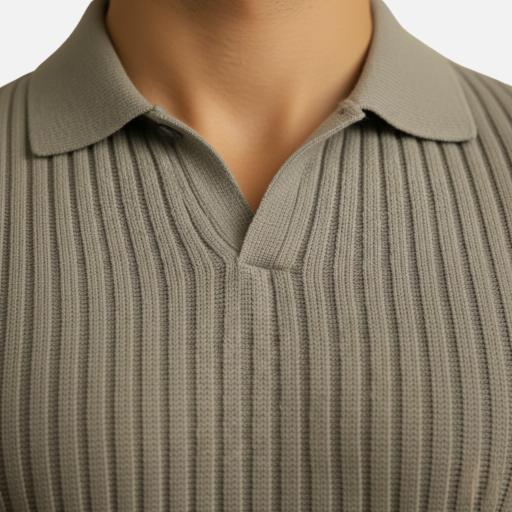 Herren Rippstrick-Polohemd mit V-Ausschnittkragen
