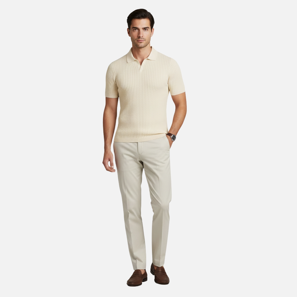 Herren Rippstrick-Polohemd mit V-Ausschnittkragen