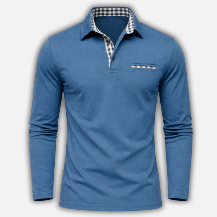 Men's Long Sleeve Polo Shirt with Checked Collar