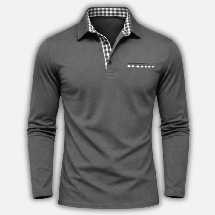 Men's Long Sleeve Polo Shirt with Checked Collar