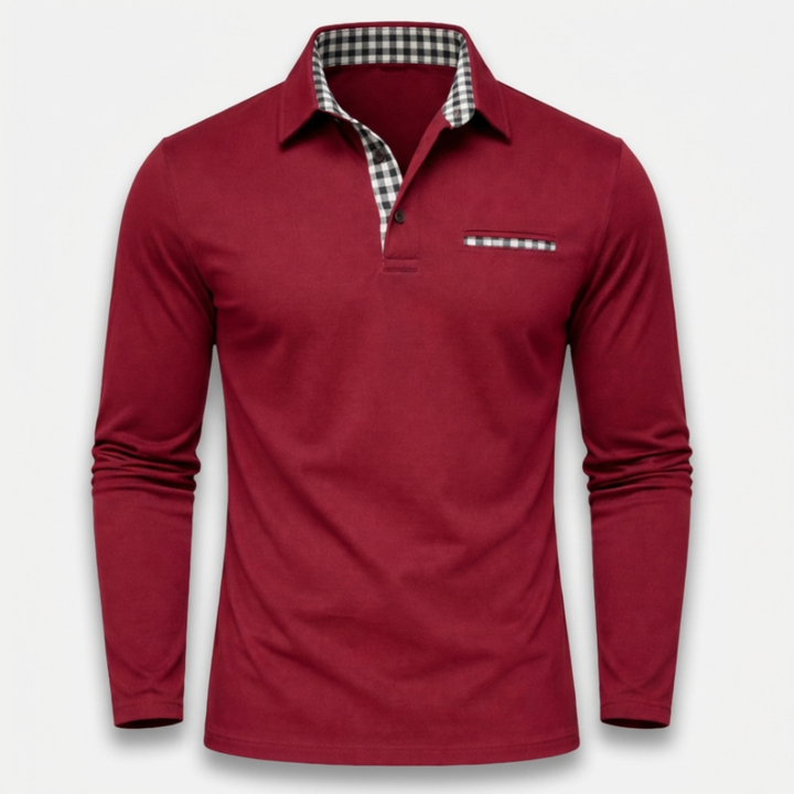 Men's Long Sleeve Polo Shirt with Checked Collar