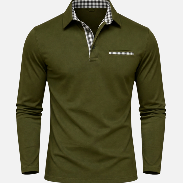 Men's Long Sleeve Polo Shirt with Checked Collar