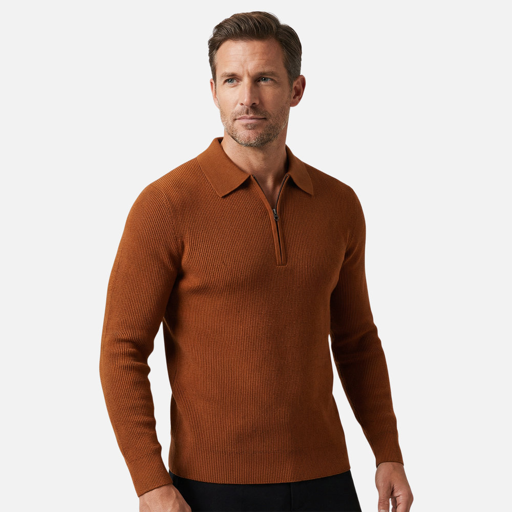 Herren-Quarter-Zip aus leichtem Waffelstrick – Spitzer Kragen