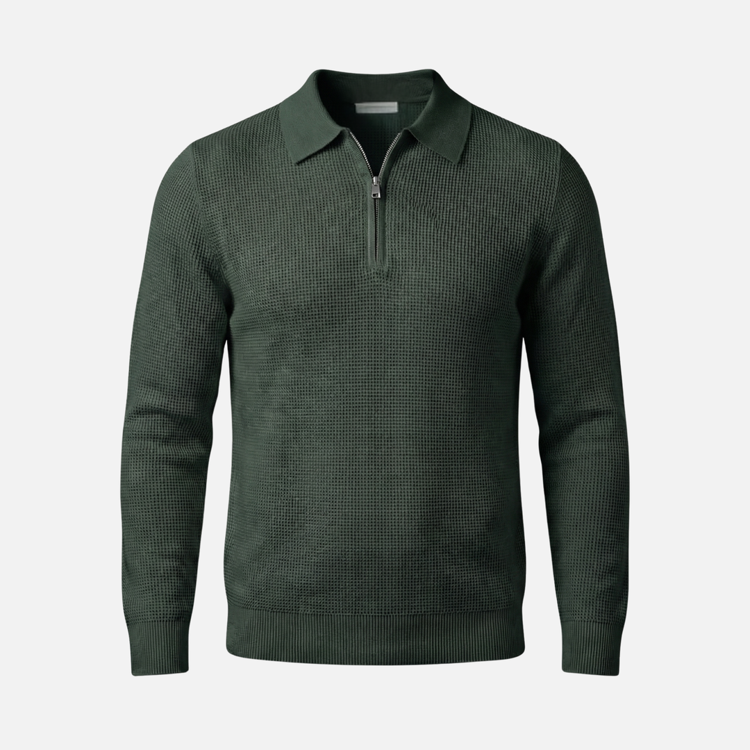 Herren-Quarter-Zip aus leichtem Waffelstrick – Spitzer Kragen