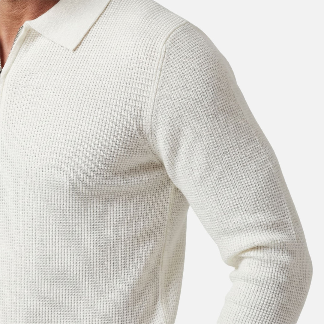 Herren-Quarter-Zip aus leichtem Waffelstrick – Spitzer Kragen