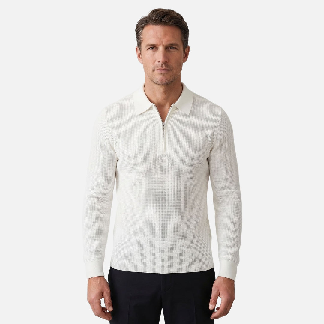 Herren-Quarter-Zip aus leichtem Waffelstrick – Spitzer Kragen