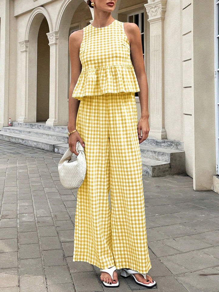 Karo_Set_mit_aermellosem_Schoesschen_Top_und_weiter_Hose_fuer_Damen_10