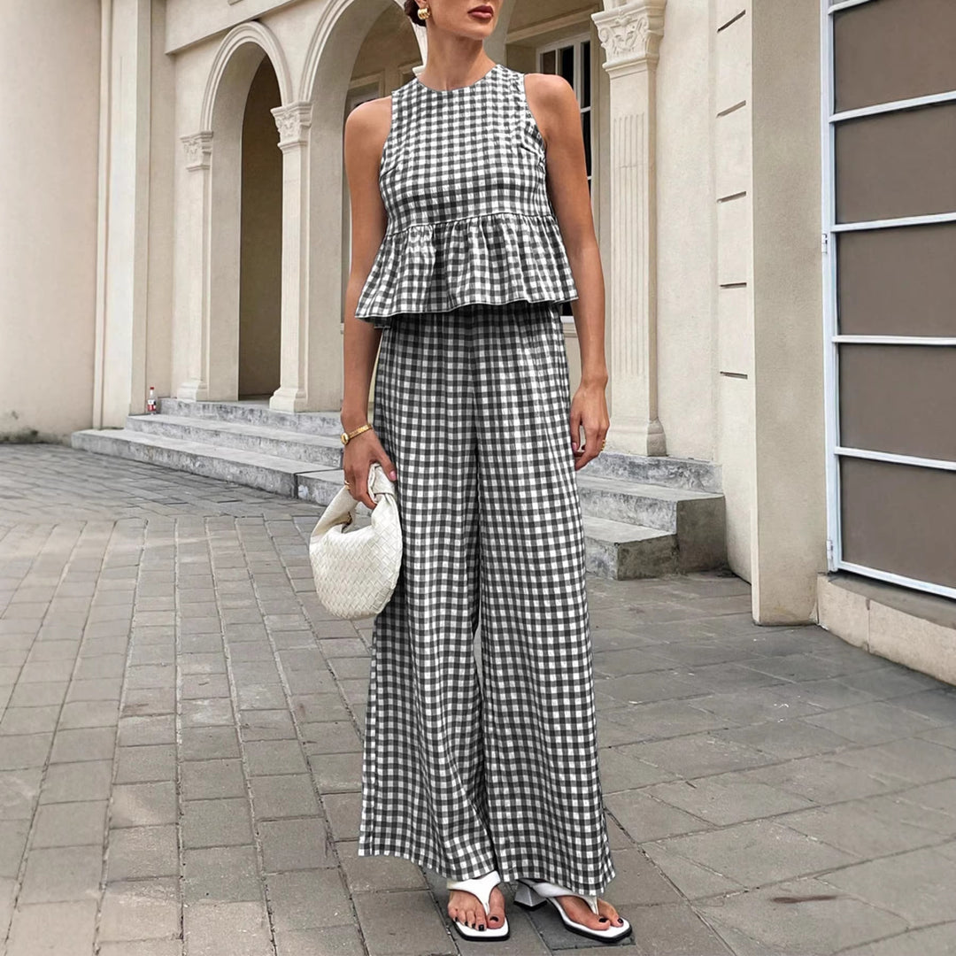 Karo Set mit aermellosem Schoesschen Top und weiter Hose fuer Damen 5