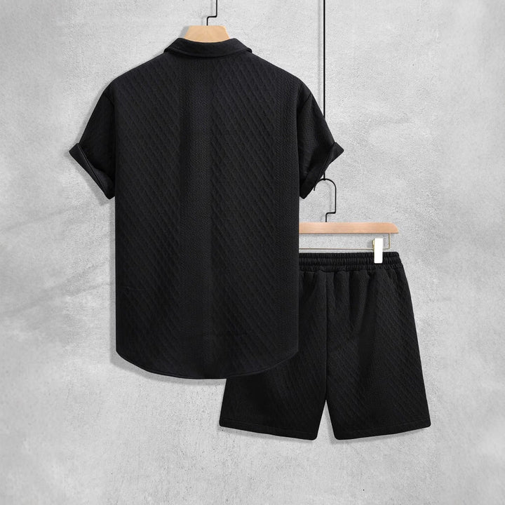 Laessiges Strukturstrick Sommer Set mit Kordelzug Shorts fuer Herren 5