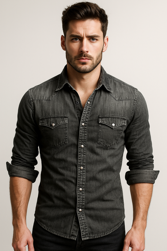 Langärmeliges Denim-Hemd für Herren | Knopfleiste