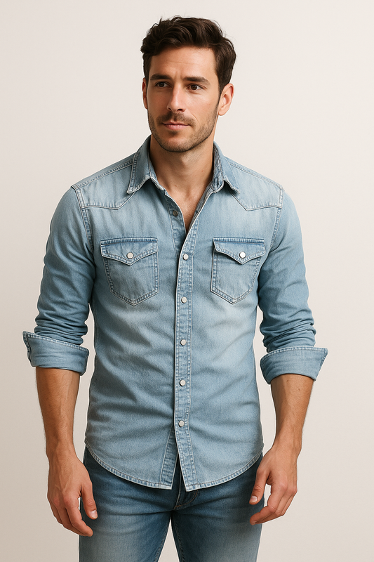 Langärmeliges Denim-Hemd für Herren | Knopfleiste
