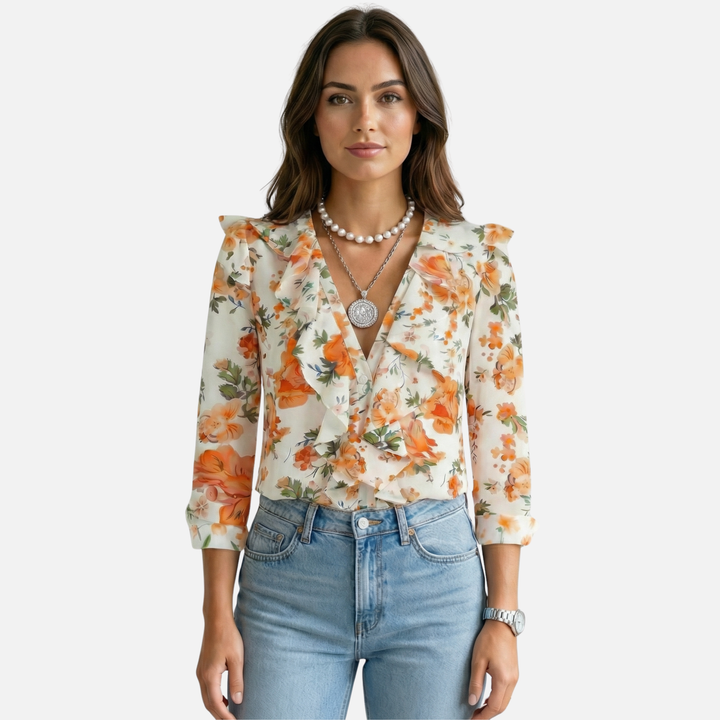 Langärmlige Bluse mit Rüschen und V-Ausschnitt für Damen