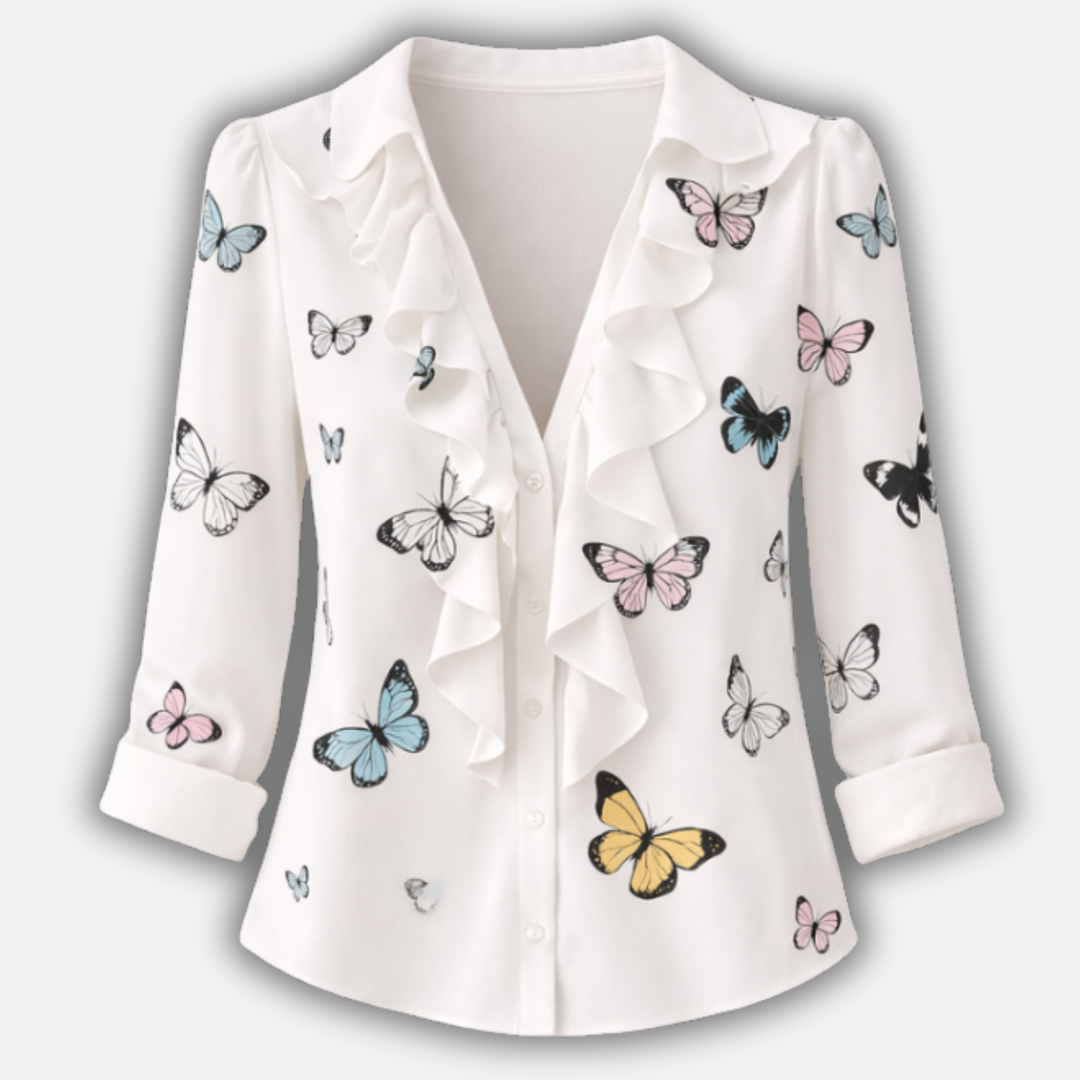 Langärmlige Bluse mit Rüschen und V-Ausschnitt für Damen