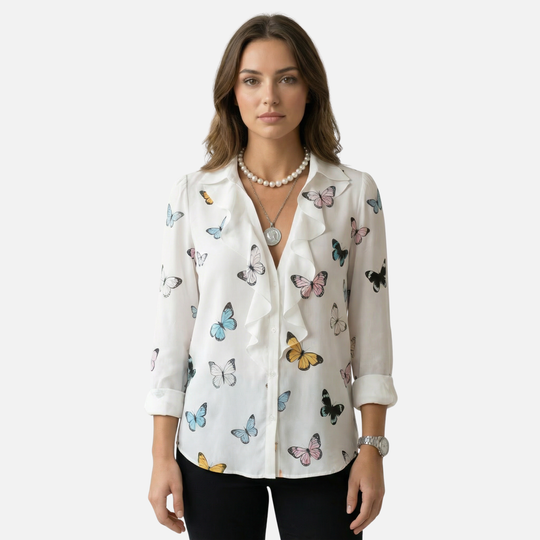 Langärmlige Bluse mit Rüschen und V-Ausschnitt für Damen