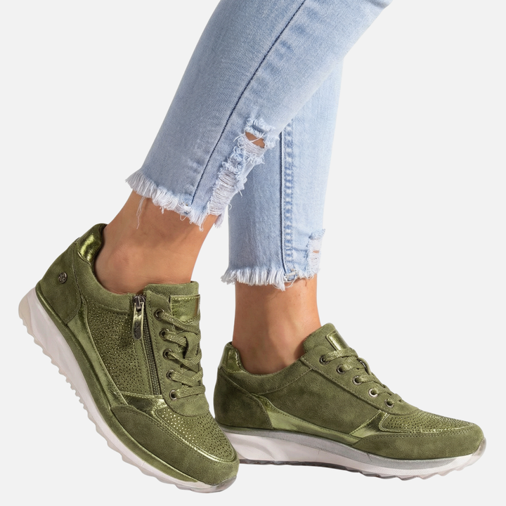 Casualowe metaliczne sneakersy damskie z zamkiem błyskawicznym