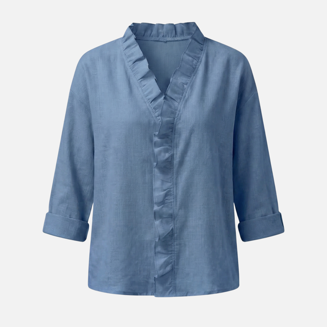 Leichte Leinenbluse Fit V-Ausschnitt mit Rüschen für Damen
