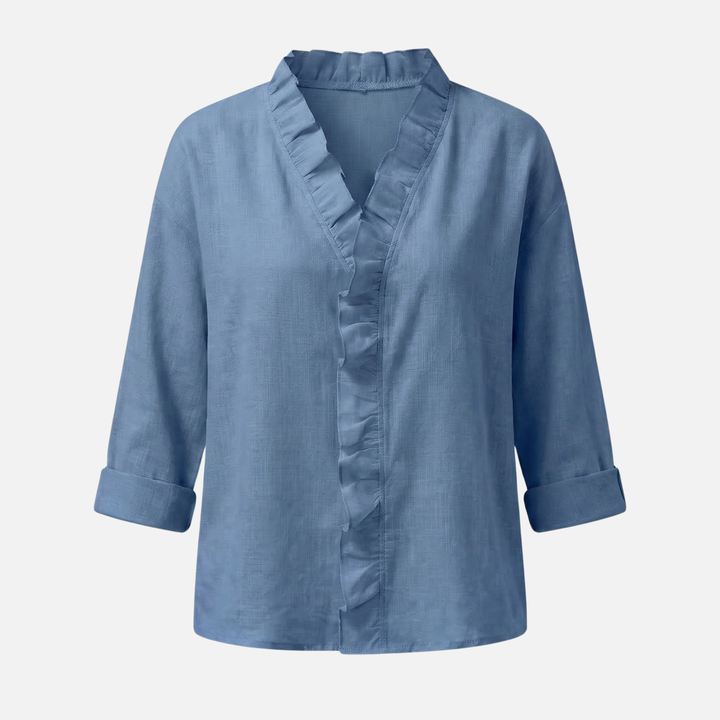 Leichte Leinenbluse Fit V-Ausschnitt mit Rüschen für Damen